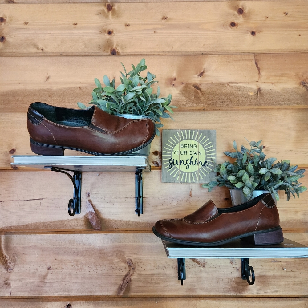 Rieker 💜 Antistress Brown Leather Driving Loafer Block Heel Slip On Sz 6.5 / 37